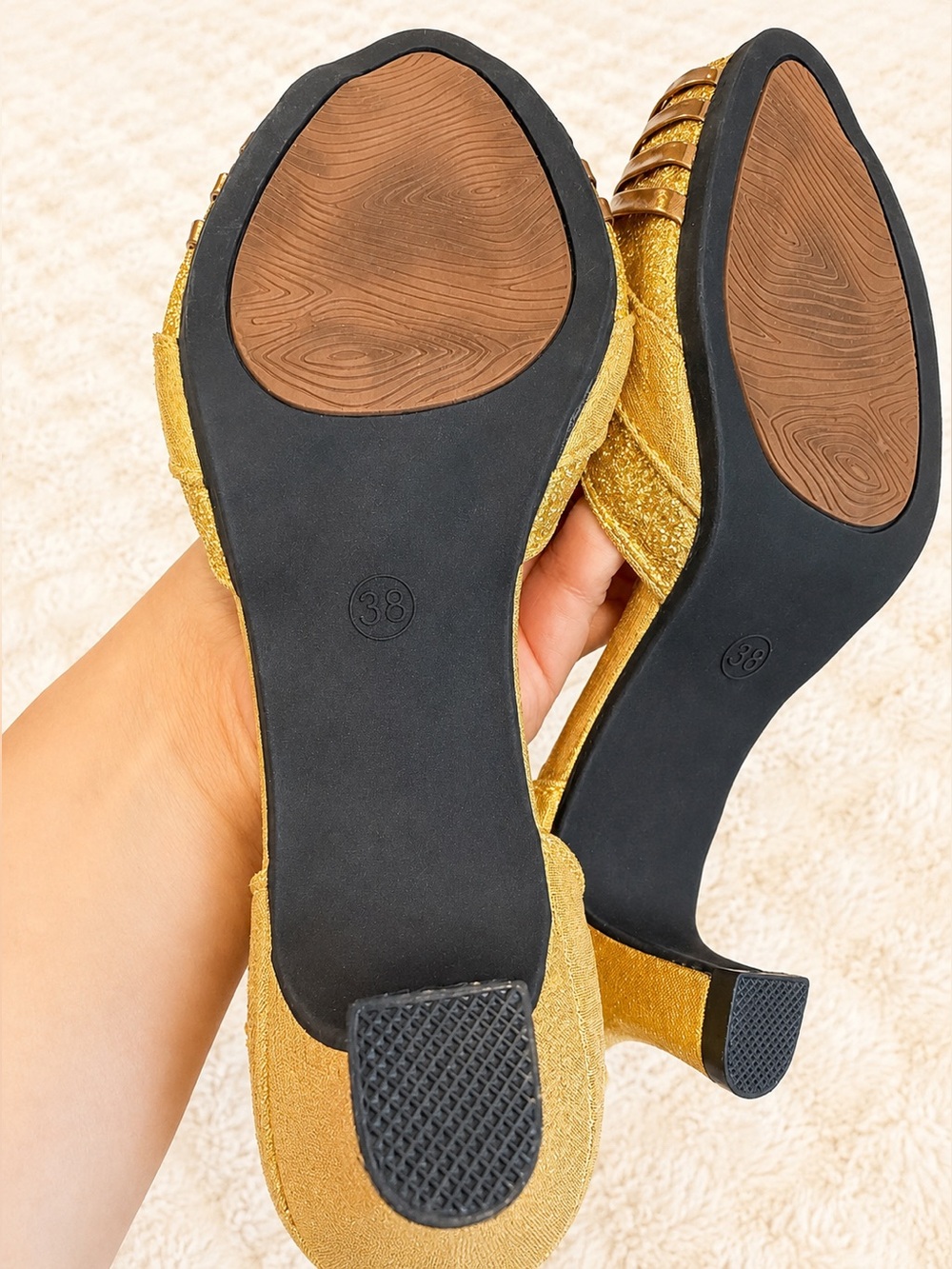 Super Comfortable Ballroom Latin Dance Gold Glitter shoes w Kitten Heels Size 38 - Picture 9 of 17